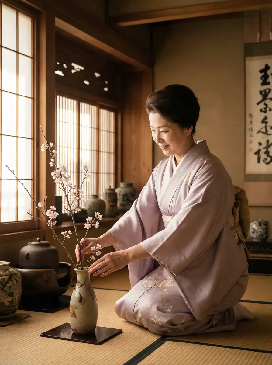 一位优雅的 澳门新葡京平台 在和室中插花